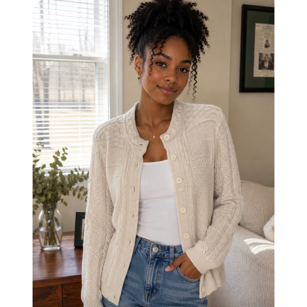 L.L. Bean Heritage Cotton Fisherman Women's Cardigan – Cream – Petite XL White